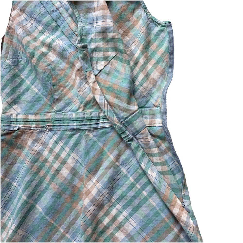 LL Bean Sleeveless A Line Dress Size 6 Madras Plaid Linen Cotton Blue Green Wrap - Picture 6 of 12